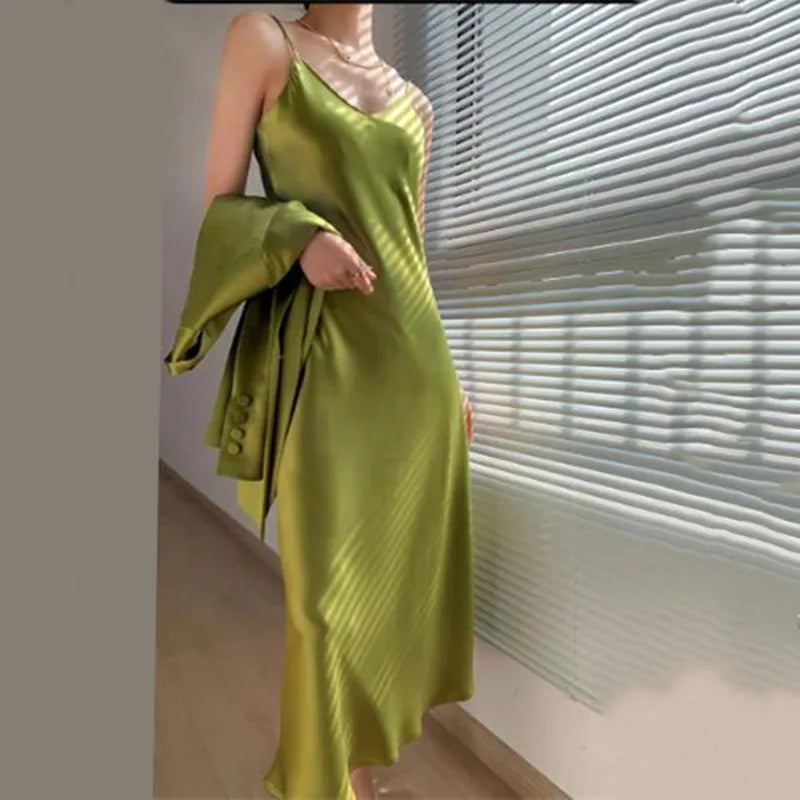 Asyabuykal Women's Satin A-Line Party Dress - V-Neck Spaghetti Strap