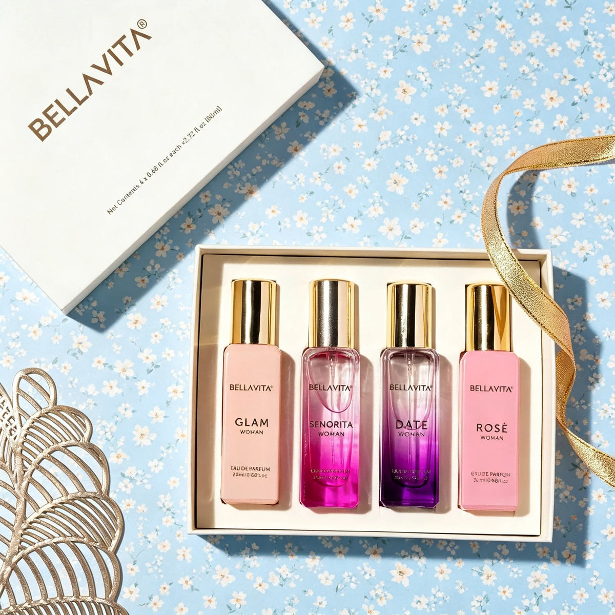 Bellavita Luxury Women's Perfume Gift Set with Rose, Senorita, Date, and Glam A Total of 80ml Perfume for Women Pink Pepper, Yuzu and Floral Peach Long Lasting Fragrance Mother's Day Present