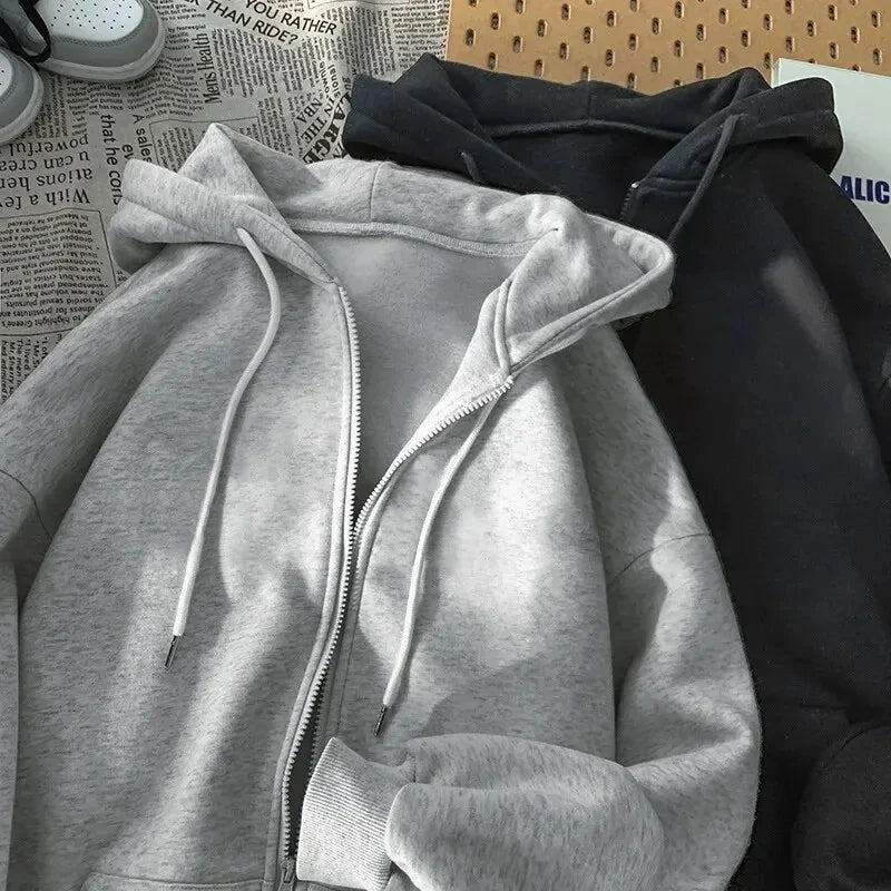 Plus Size Solid Zipper Hoodies Women Warm Fleece Hooded Sweatshirt Autumn Casual Sportswear Pocket Jogging Clothing Street Coat