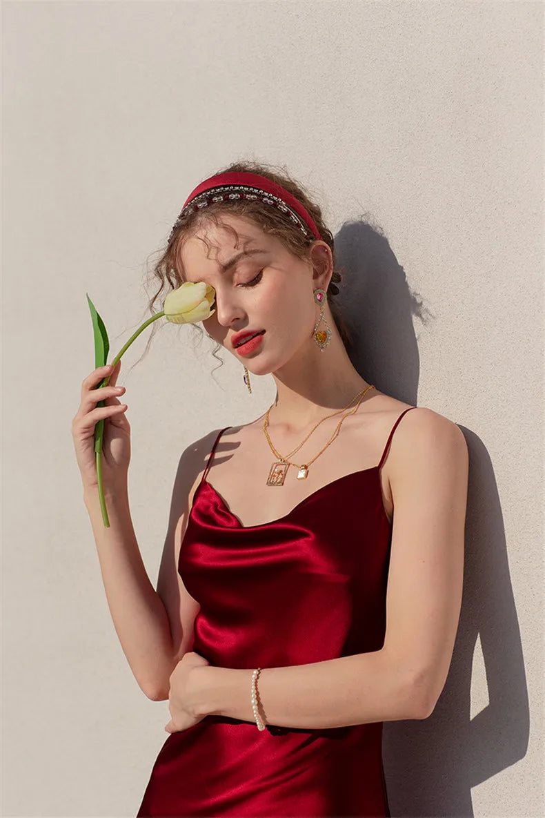 Sexy Spaghetti Strap Burgundy Vintage artificial silk Party Dresses Summer Women Satin Slip Dress Femme long Robe Vestidos