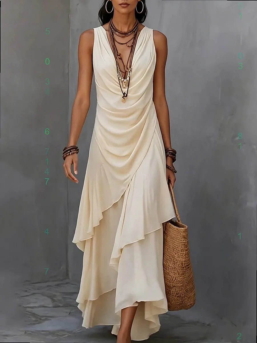 Womens V Neck Sleeveless Dress Summer Casual Long Dresses with Ruffle Hem Flowy Tiered Maxi Dresses