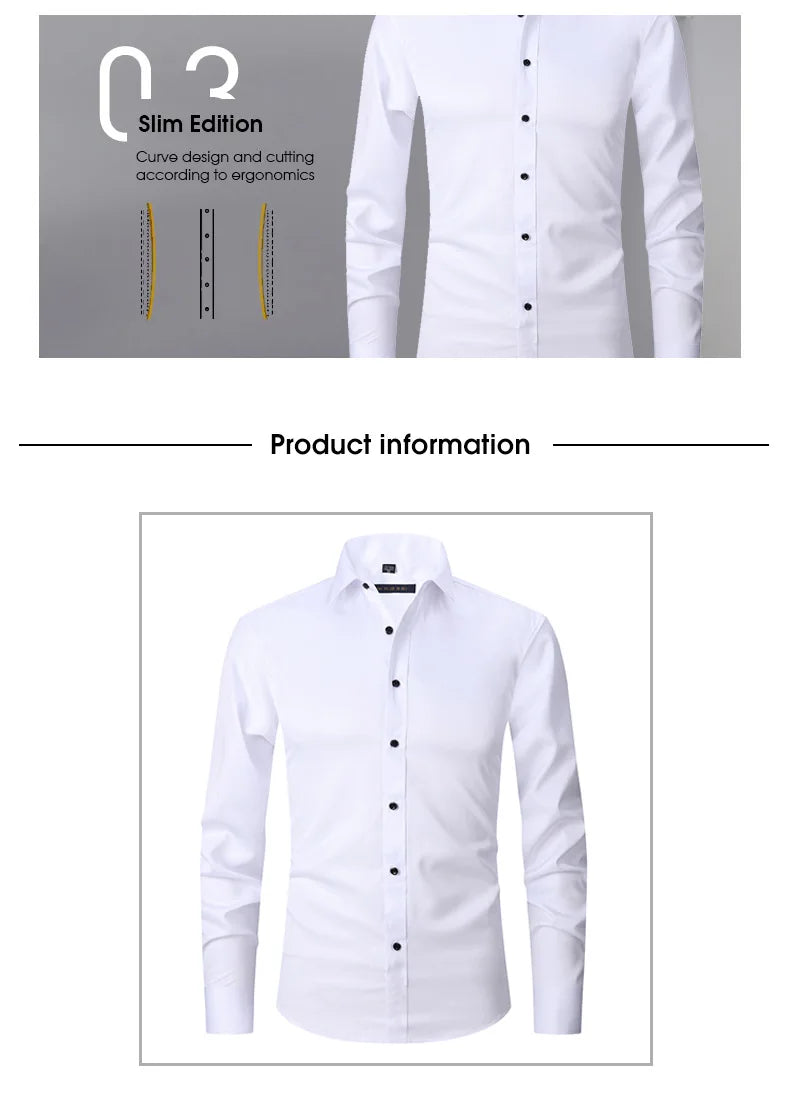 Men's Long Sleeved Slim Fit Elastic Shirt and Non Ironing Black Shirt Men's Solid Color Versatile Business Inch Men's Clothing