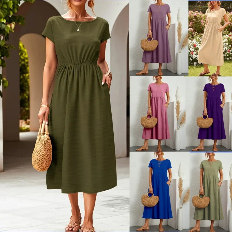 New Casual Round Neck Short Sleeve Solid Flowy Maxi Dress Women EU US Gown