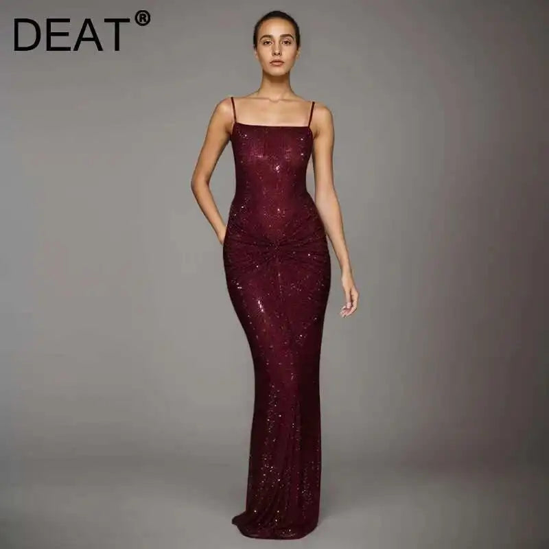 Deat Fashion Gray Hot Drilling Spaghetti Strap Dress Women'S'S Slim Fit Backless Folds Split Floor-Length Dresses New Tide 7Ab8510