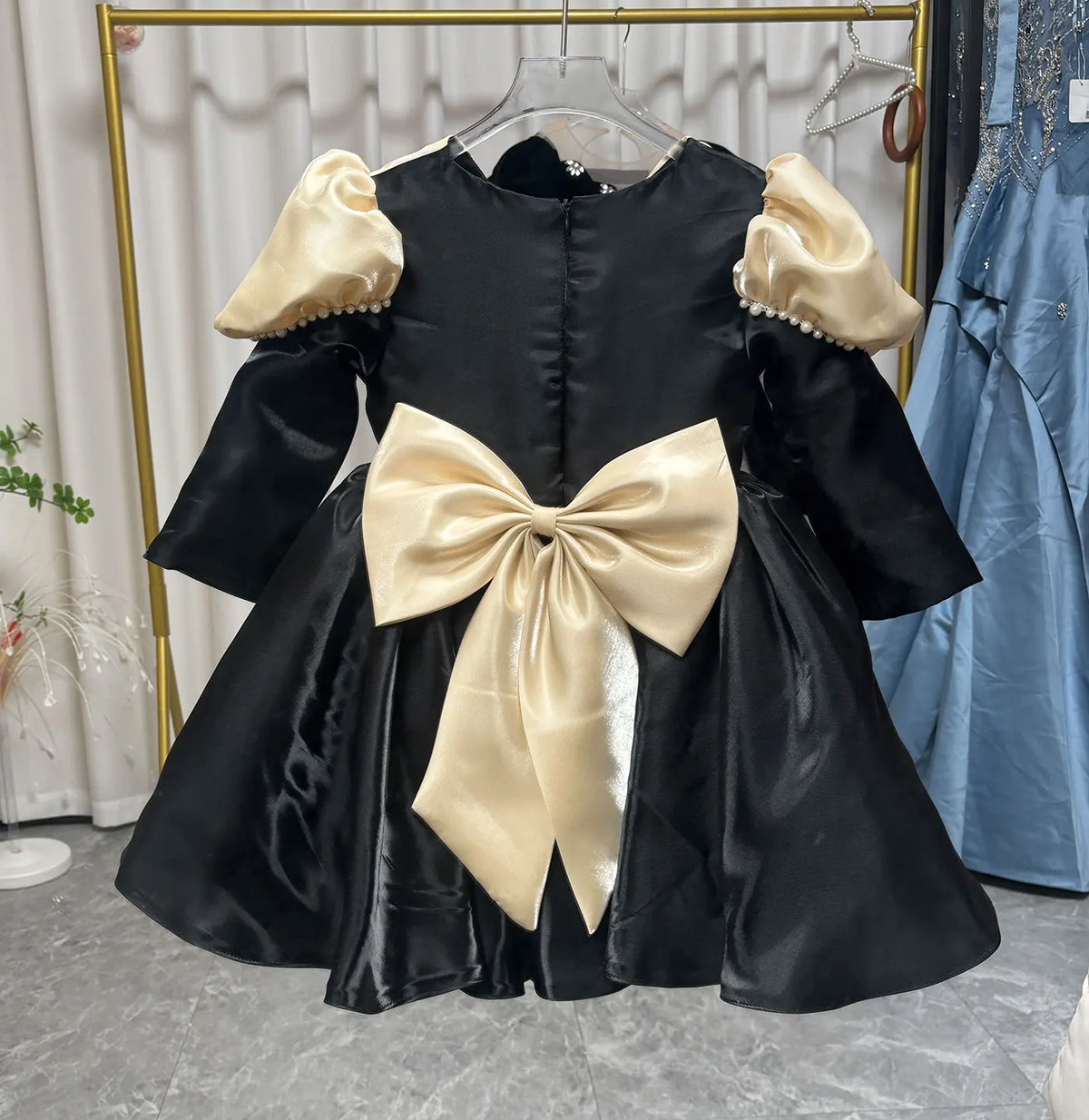 Dreamy Vow J407 Stylish Black Girl Dress Puffed Sleeves Velvet Pearl Trimmed Square Neck Bowed Princess Party Short Ball Gown