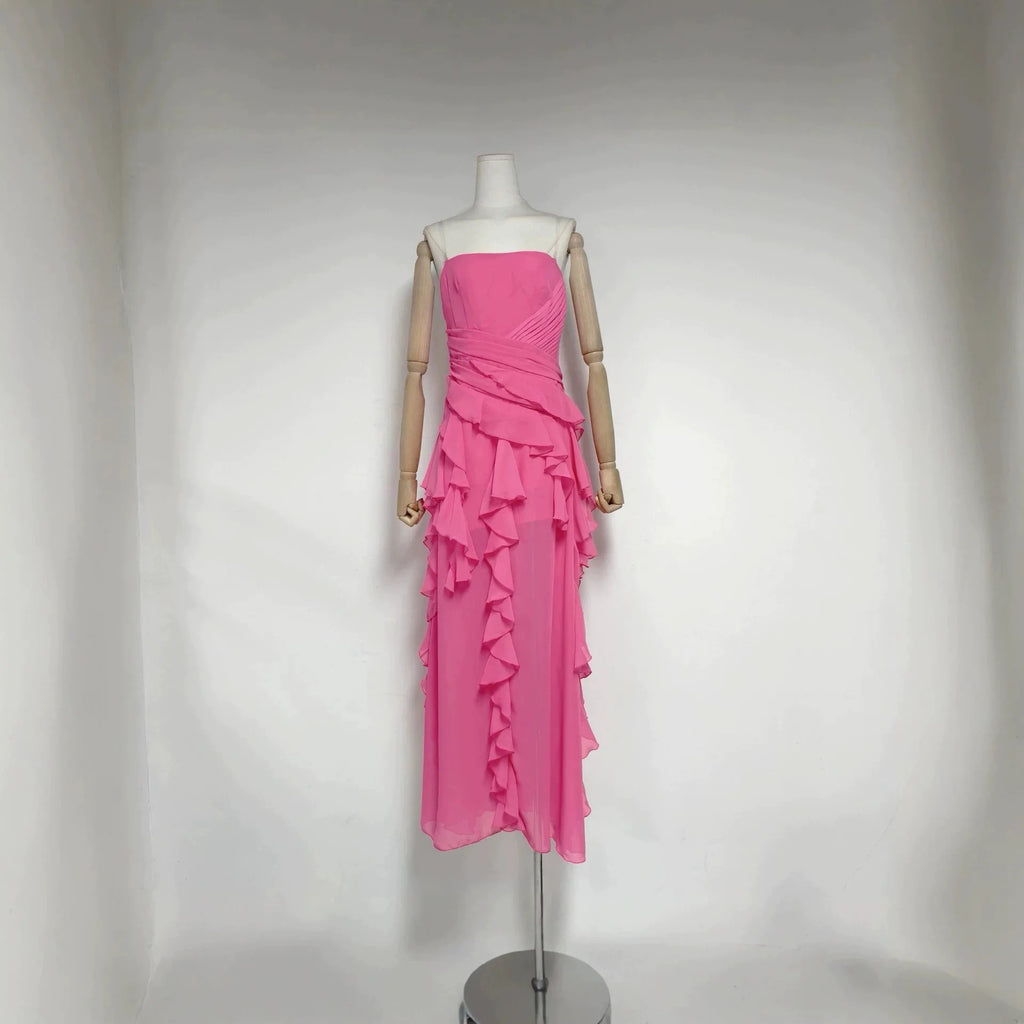 2026 Summer American Elegant Temperament Fashion Ruffled Splicing Sleeveless Strapless Irregular Split Chiffon Long Dress Women