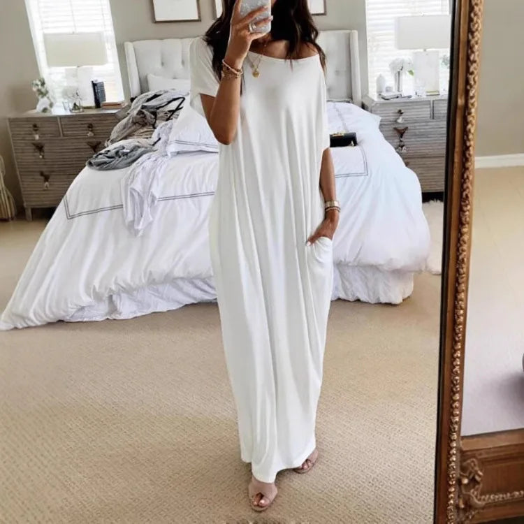 Casual Pure Color Short Sleeve Long Dress Women's Summer New Style Cross-Border TK Loose Waist Milk Fiber Straight Cut Dress