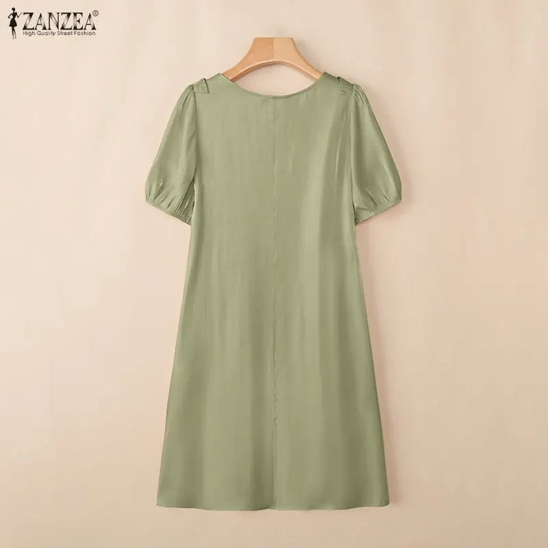 Fashion Summer Sundress ZANZEA Women Casual Short Sleeve O Neck Dresses 2026 Eleagnt Solid OL Work Dress Holiday Pleated Vestido
