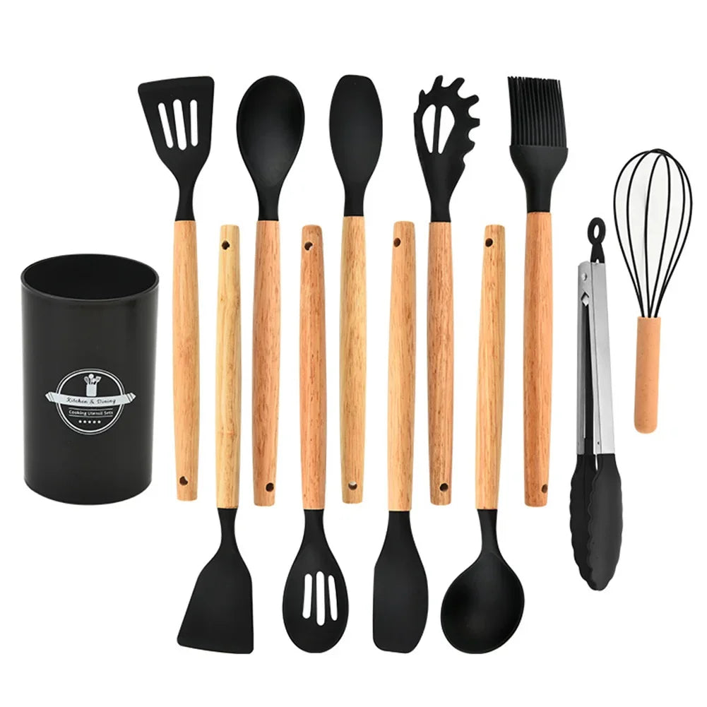 12Pcs Kitchen Utensil Set Silicone Spatula Set Wooden Handle Cooking Tools Kit with Holder Heat-Resistant Cookware for Kitchen