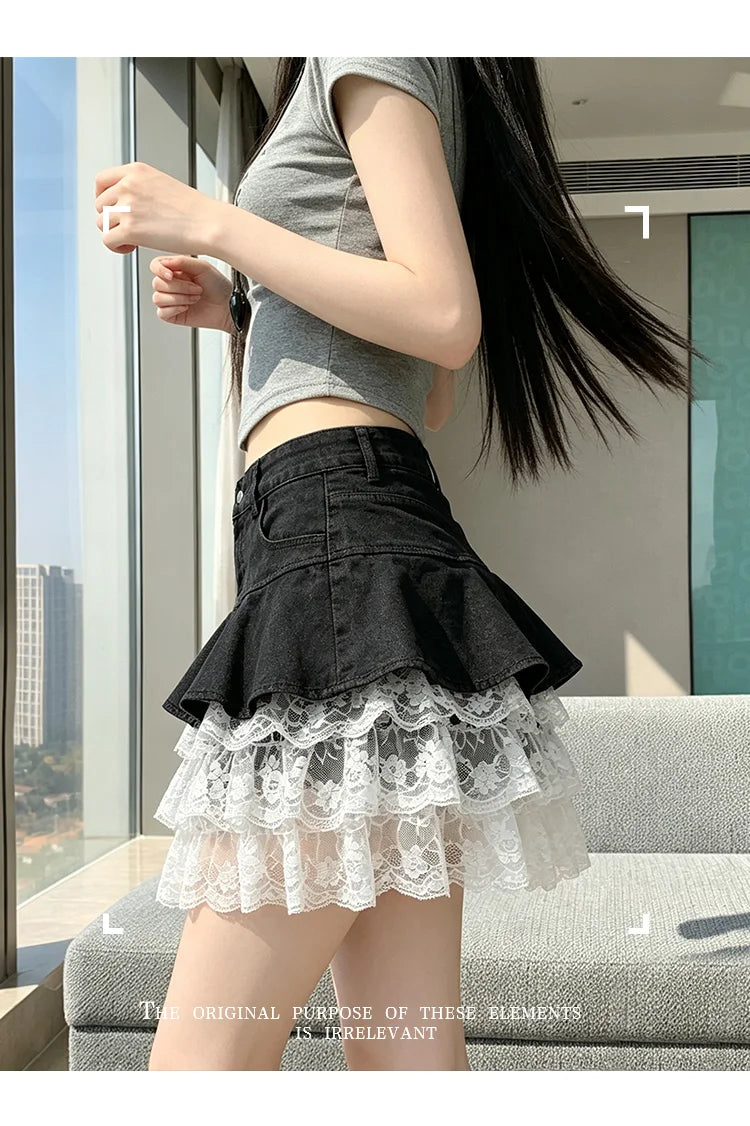 HotSweet Denim Patchwork Lace Mini Skirt 2026 Summer Ruffled Slimming A-Line Skirt For Women Streetwear Y2k Short Skirts