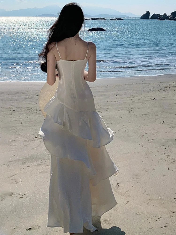 Elegant Women French Spaghetti Strap New Long Dresses Female Slim Chic Party Prom Robe Fashion One Piece Clothing Spring Summer