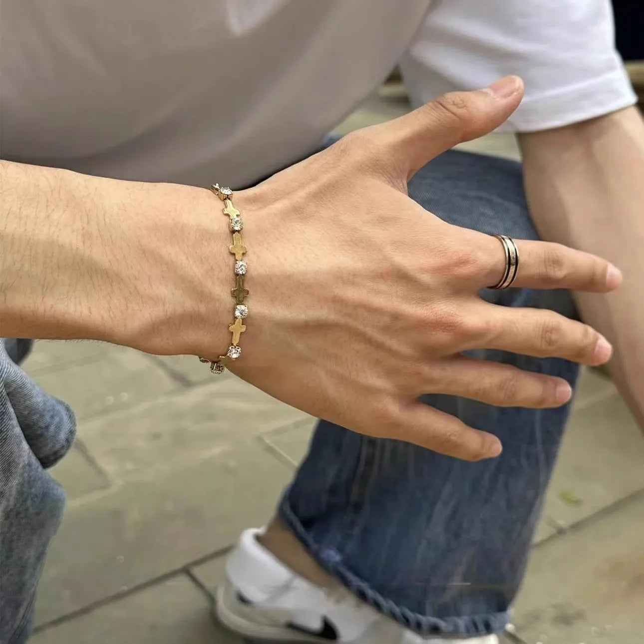 Stylish Men'S Cross Bracelets,Hiphop Stainless Steel Zircon Tennis Bracelet,Birthday Father Gifts