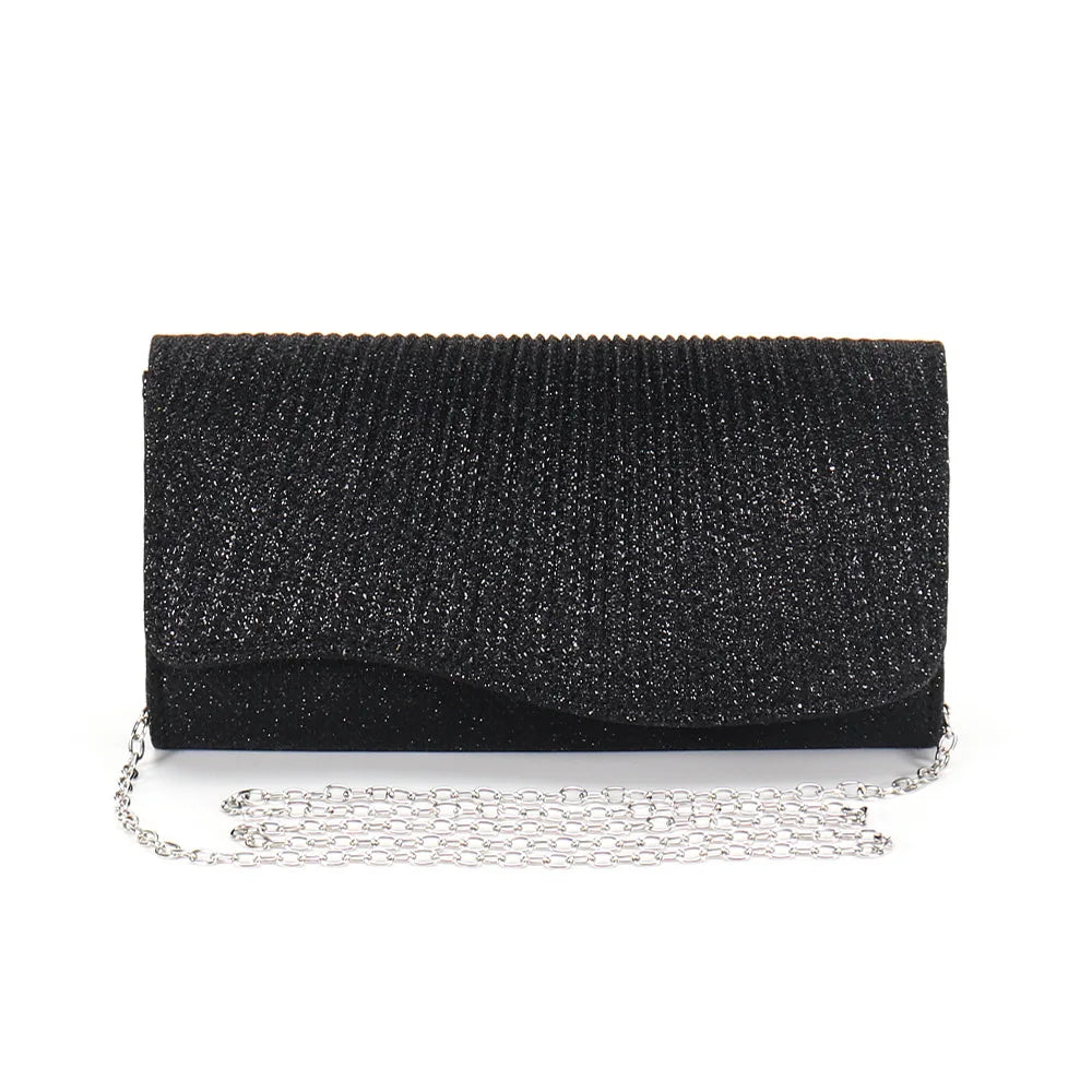 2026 New Women Fold Glitter Handbag Shiny Envelope Evening Bag Ladies Pleated Silver Clutch Chain Wedding Party Mini Long Purse