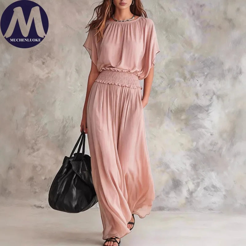 Elegant High-Waisted Loose Dress for Women Summer Fashionable Casual O-Neck Batwing Short Sleeve Waist-Cinching Elegant Women's