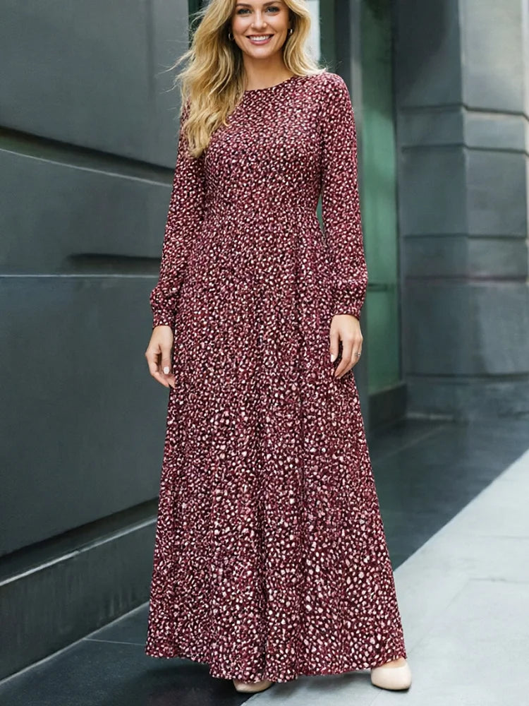 New Fashion Polka Dot Long Sleeve Long Dress for Women Spring Summer O Neck Evening Party Dresses Loose Waist Lady's Dress Robe