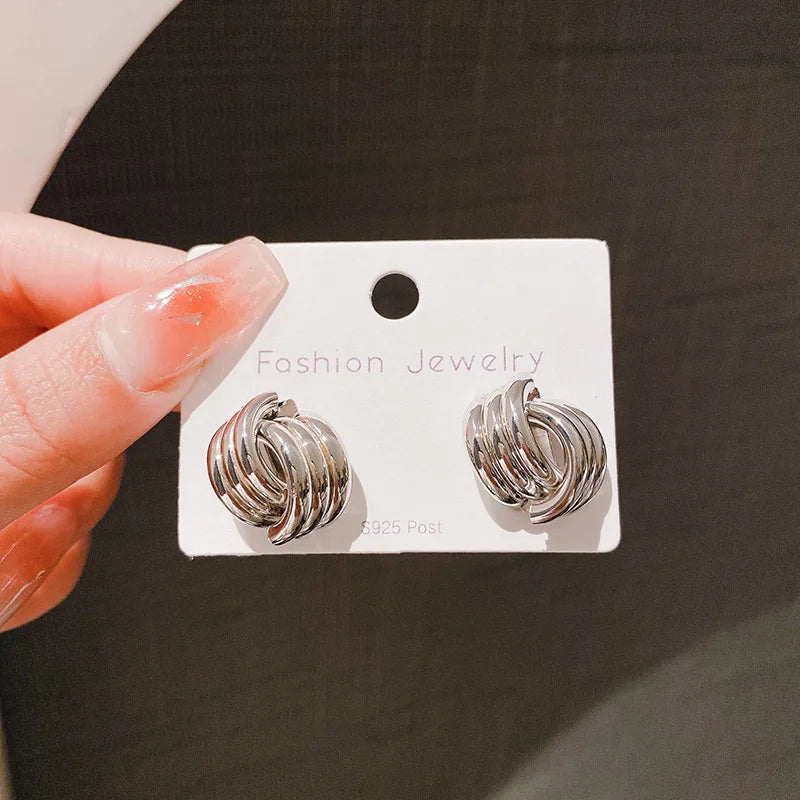 Fashion Glossy Three-Layer Textured Intersecting Knot Earrings For Women'S Gold Color Stainless Steel Earring Vintage Jewelry