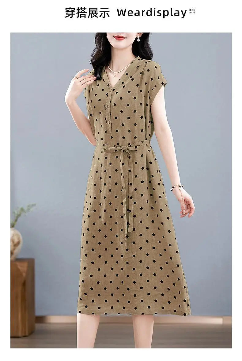 Cotton and Linen Dress French Polka Dot Print Fashion Long Skirt Summer New V-neck Casual Lace-up A-line Skirt