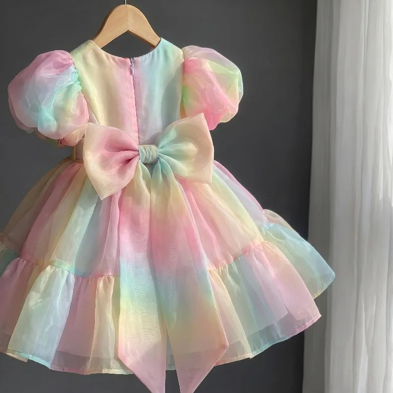 2026 Summer Girls Puff Sleeve Mesh Princess Dresses Sweety Bow Kids Wedding Clothing 1-10years Old Baby Girls Birthday Party Dre