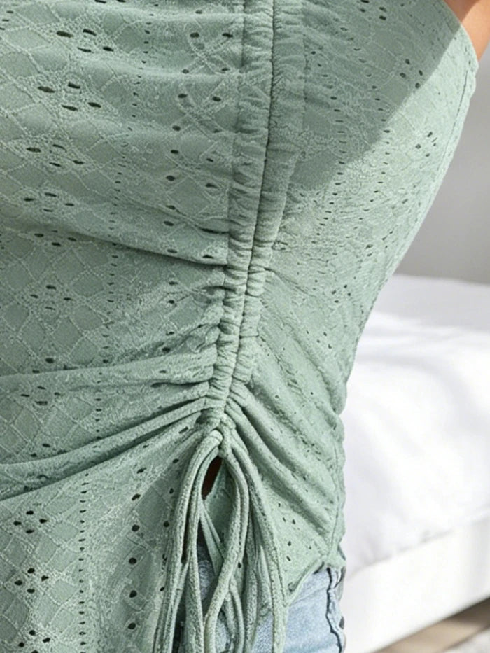 2026 Summer New Sexy Asymmetric Off Shoulder Drawstring Slit Knit Bandeau Tube Top for Women