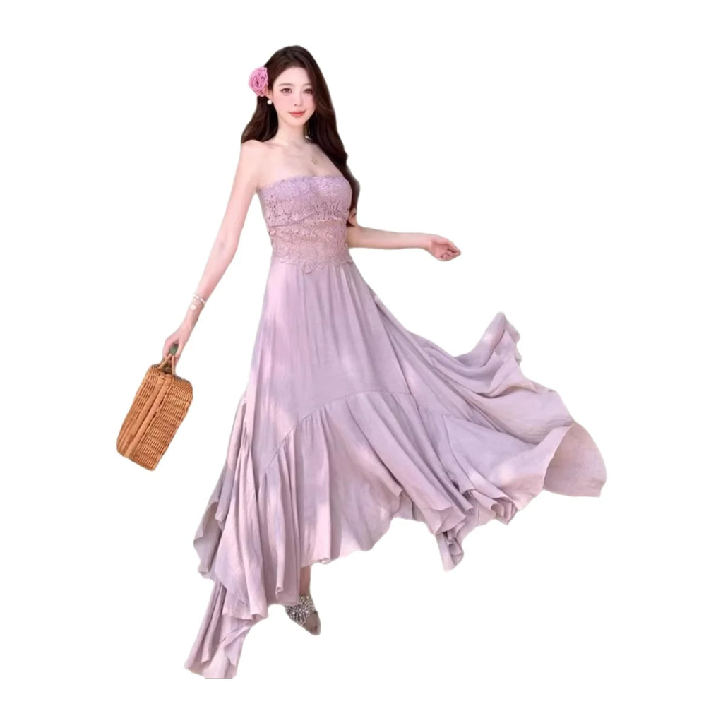 Slimming Dry Rose Splicing Tube Top Beach Dress Women's Style Long A-Line Skirt High Waist No Sleeve Shoulderless Polyester