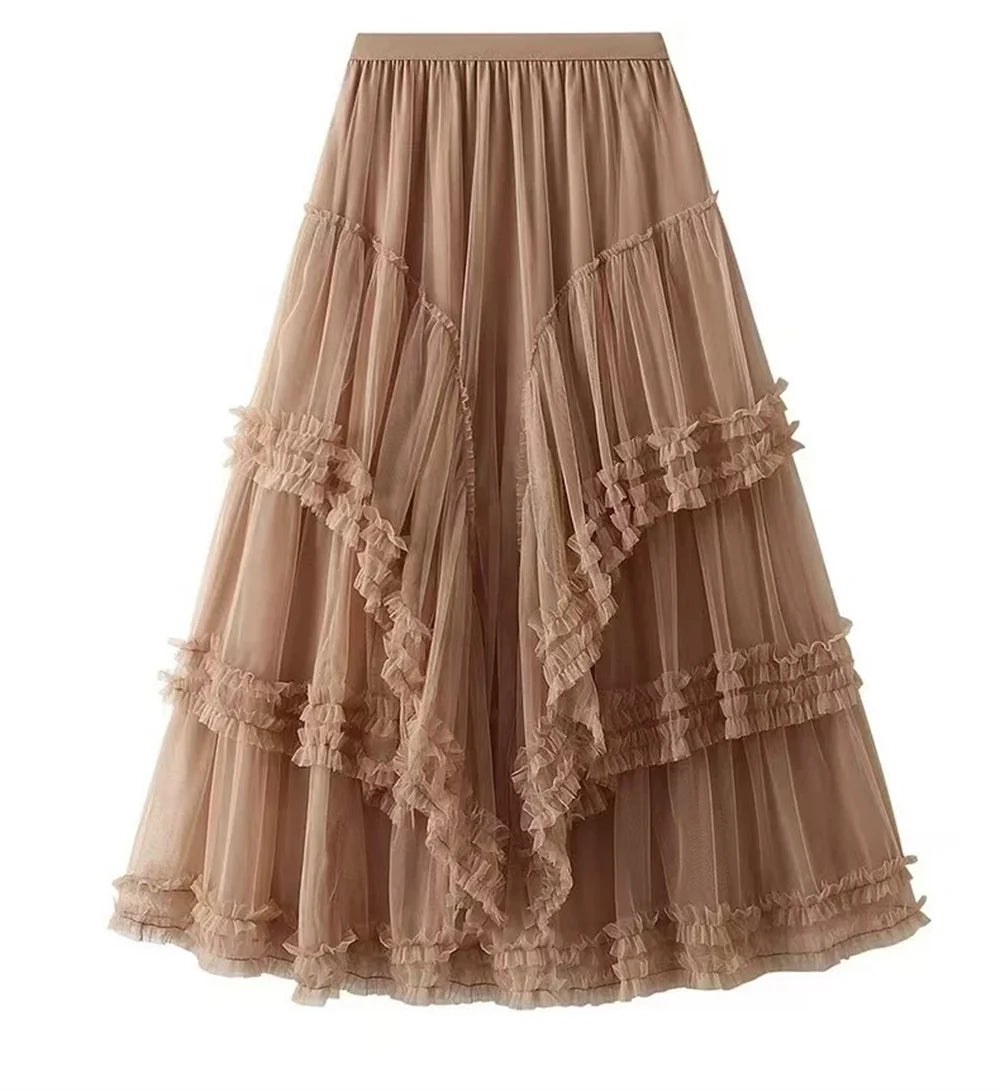 2026 Fashion Women High Waisted Floral Lace Tulle Puff Cake Skirt Vintage Ladies Loose Asymmetrical Long Skirts Women Clothes