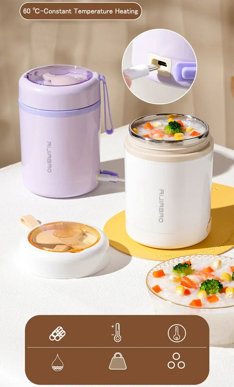 Fiambrera Eléctrica Calefactable USB de 600ML, Portátil para Picnic, Calentador de Leche y Alimentos, Contenedor Calentador de Alimentos de Acero Inoxidable 5V 12V 24V