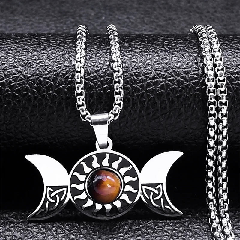 Viking Trinity Knot Necklace For Women'S Men Stainless Steel Tiger Eye Stone Irish Celtic Lucky Amulet Necklaces Jewelry N3806S02