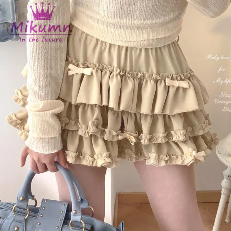 Mikumn Harajuku Sweet Bow Ruffles Mini Skirt Japanese Cute Y2k Elastic Waist Fluffy Pleated Mini Skirts Lolita Kawaii Cake Skirt