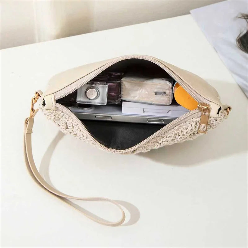 Simple Versatile Crossbody Crochet Bag, New Woven Bag, Zipper Closure, Retro Casual Beach Flower Women's Bags