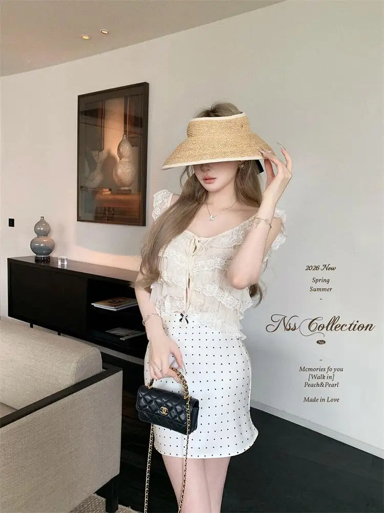 Korean Style Short Lace Halter Top Women's Summer New Design Pure Desire  Leaf  Spicy Girl Commute Loose Fit Casual