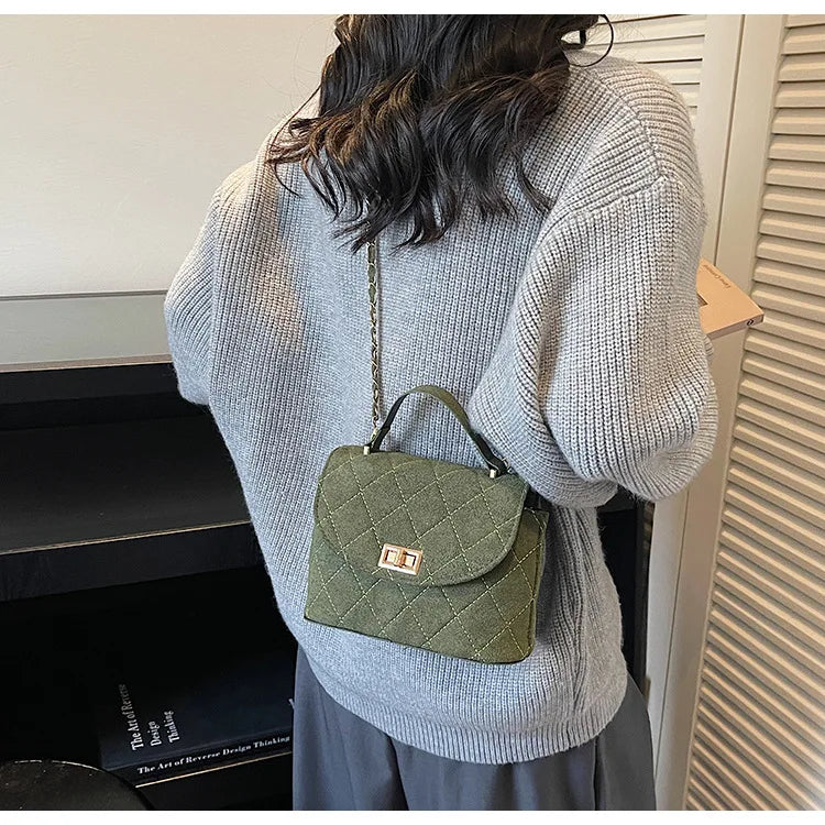 Diamond Grid Chain Crossbody Bag One Shoulder Purse Trendy Flip Top Clutch Women's Fashion Suede Leather Casual Shoulder Bag