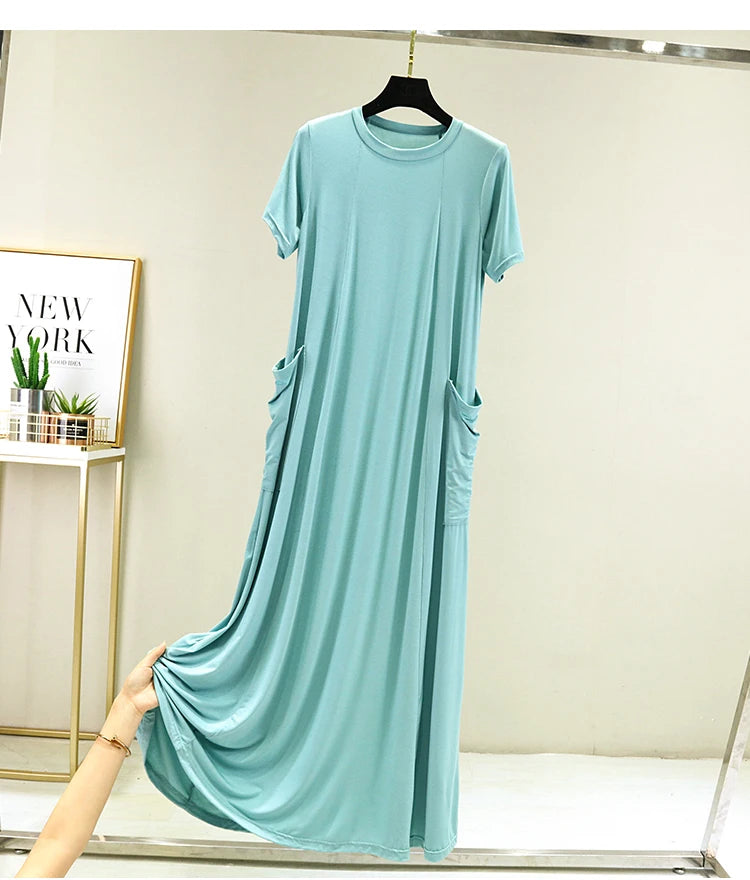 Casual Modal Sleep Dress Women Summer Large Size round Neck over Knee Long Dress Loose Slimming Short Sleeve Dress