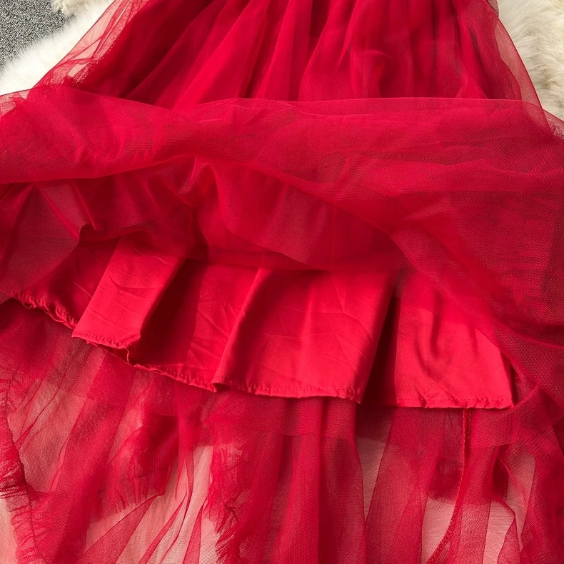 Sweetheart Fairy Dreamy Asymmetrical Tulle Skirt, High Waist A-Line Midi Layered Skirts for Women