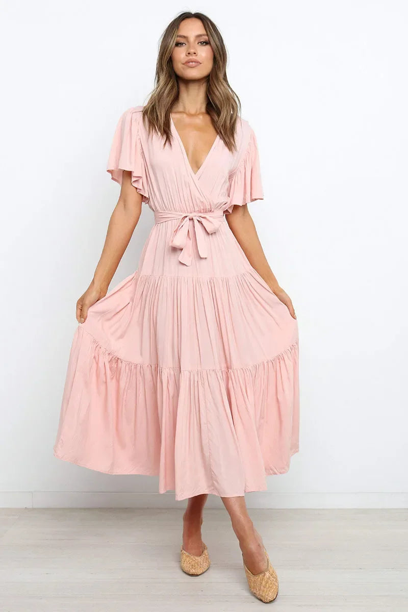 Summer Bohemian Long Dress Pure Color V-Neck Short Sleeve Empire Waist Design Floor Length with Belt Loose Fit Women's Dress