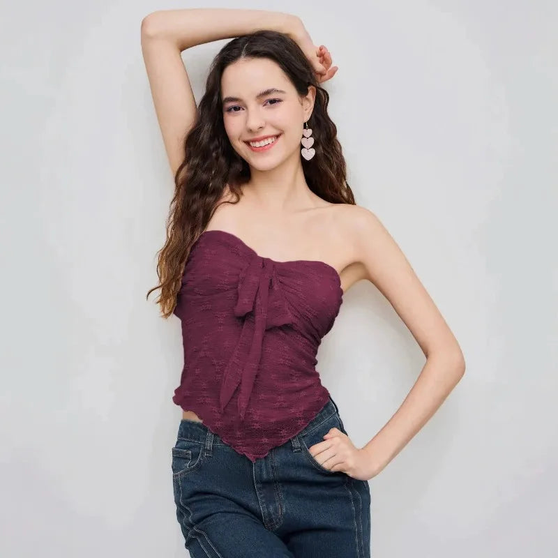 French Mesh Tube Top Women's Chest Bow Tie Tshirts Slim-fitting Spice Girl Sleeveless Shirt Cropped Tees Roupas Feminina
