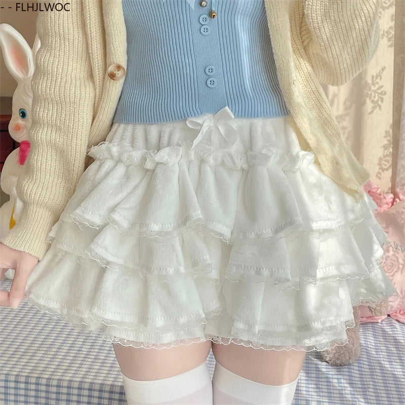 Autumn Velvet Bloomers Lolita Style Girls Cute Japan Sexy Lace Date Princess Pink Layer Puff Shorts Ruffles Lantern Small Pants