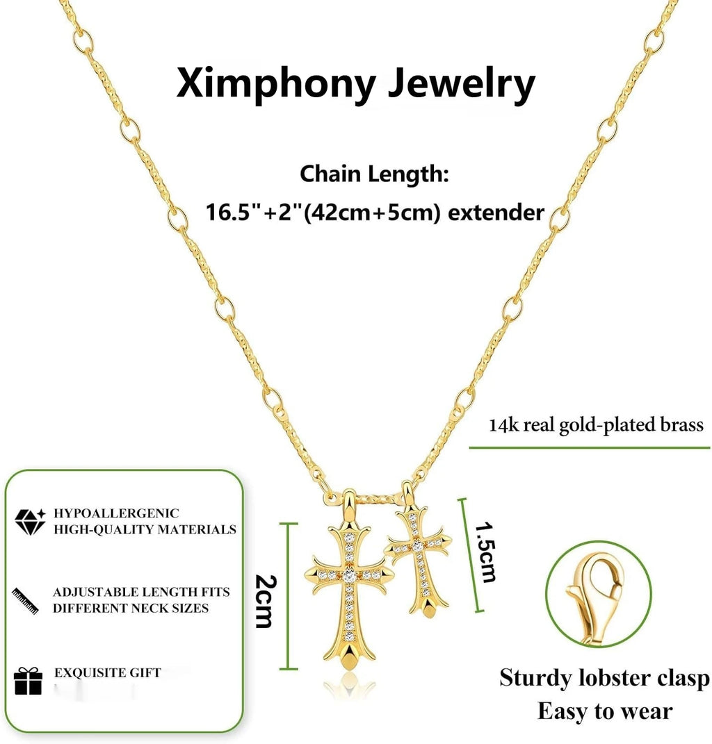 Cross Necklace K Gold Plated Double Cross Pendant With Diamond Accent Chain For Women Elegant Religious Gift