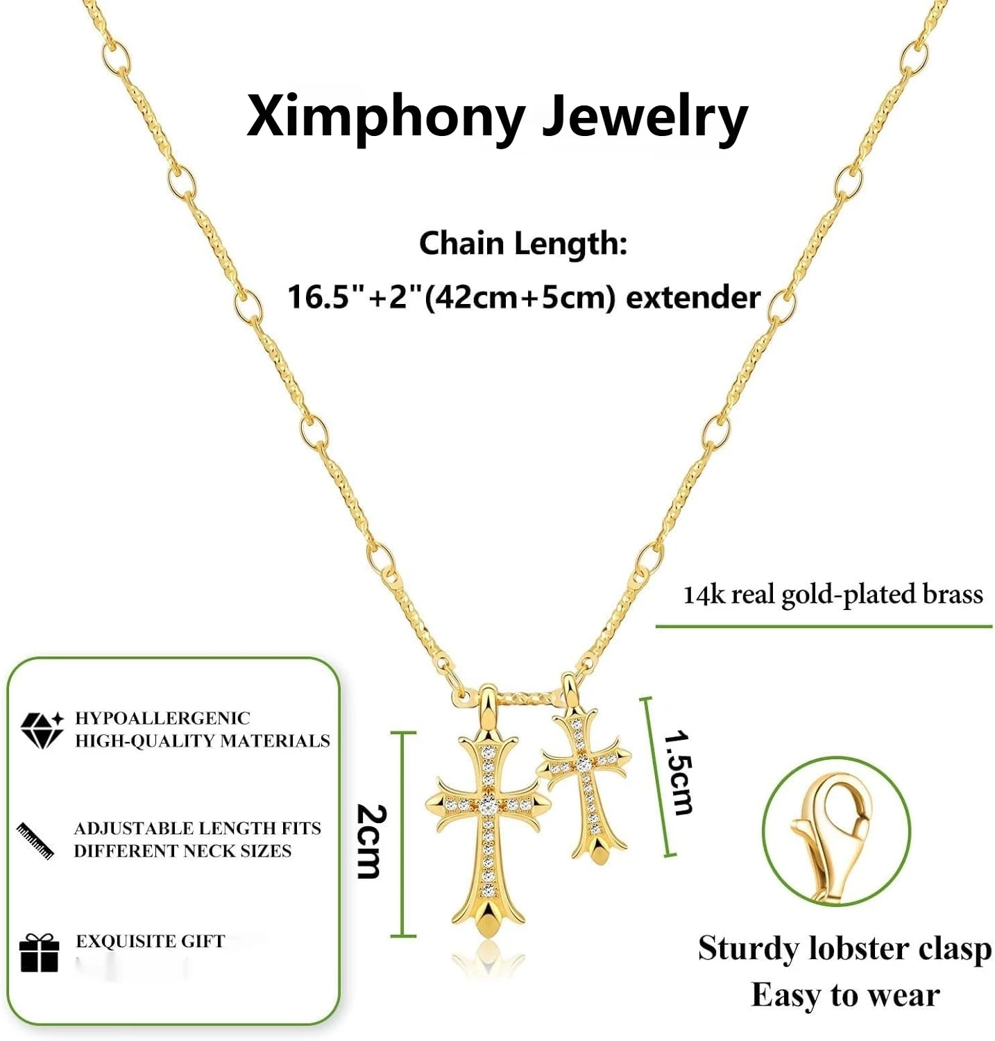 Cross Necklace K Gold Plated Double Cross Pendant With Diamond Accent Chain For Women Elegant Religious Gift
