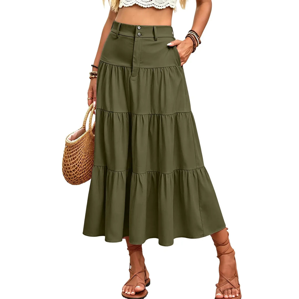 Damen High Waist Midi Mit Elastischem Bund Knopfleiste Eleganter A Linien Leichtem Material FüR Putifalda Corta Extrema Body