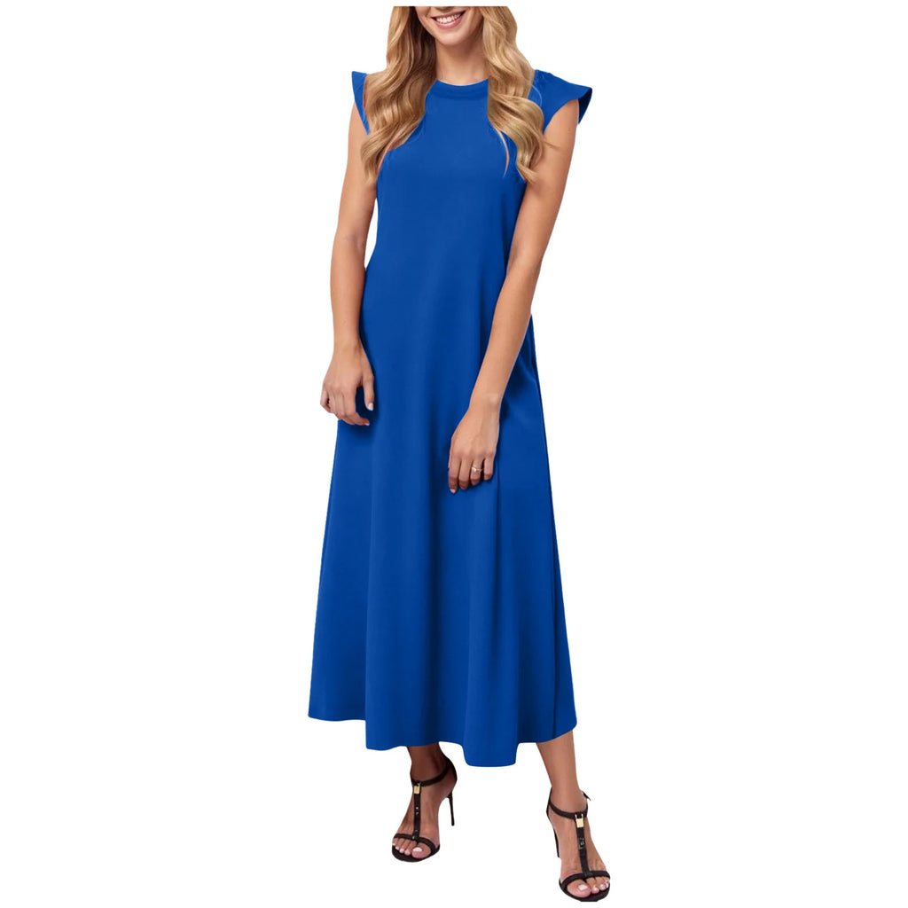 Women's Solid Color Summer Dress Flying Short Sleeve Loose Fit A Line Long Dress Casual Oversized O Neck Beach Vestidos Mujer