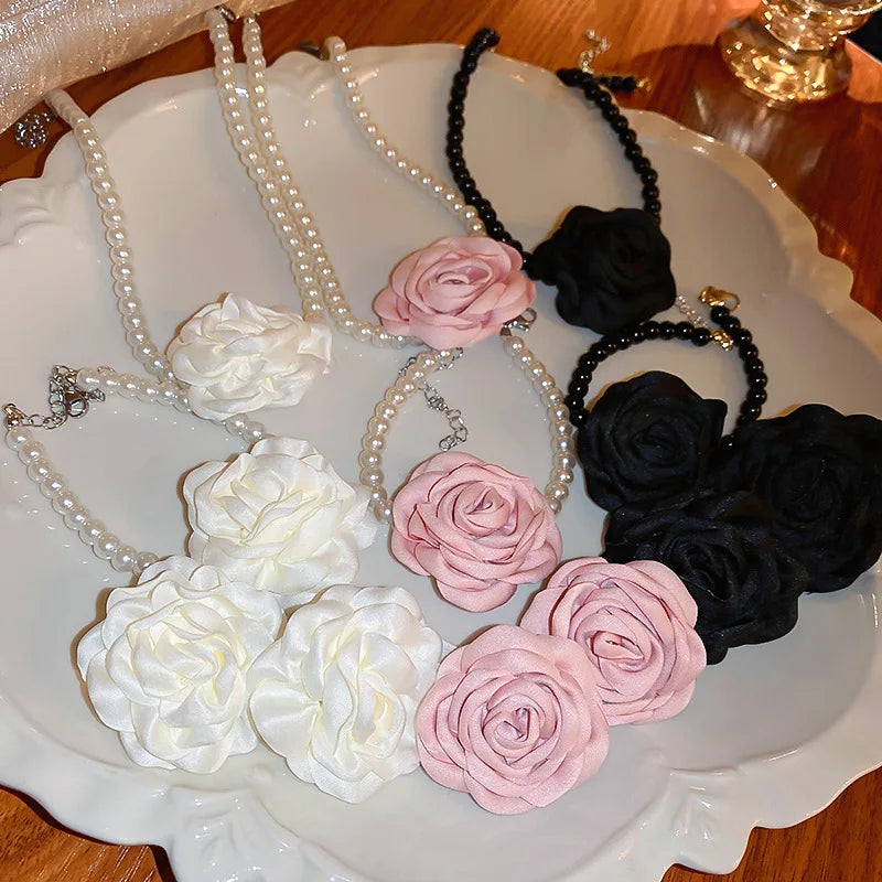 4 Pcs Jewelry Sets For Women'S Fabric Flowers Necklace Bracelet Earrings French Fashion Retro Style Girl Accessories Set