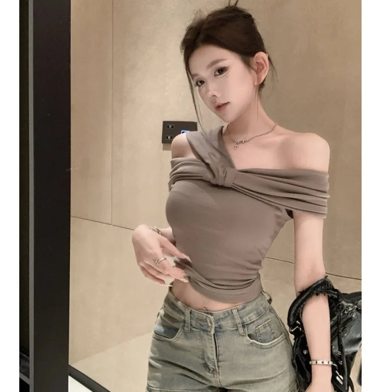 Korean Style Sexy One Shoulder  Knot Neckline Thin Summer Slimming T-Shirt Women's Fashionable Short Sleeve Top