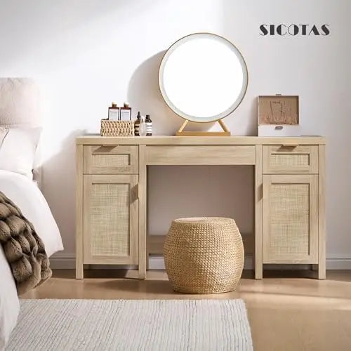 52" Rattan Vanity Desk with 3 Drawers & 2 Cabinets, Vanity Table | Large Boho Farmhouse Makeup Dressing Table, Wooden
