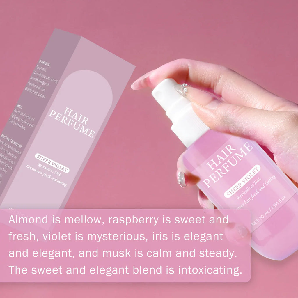 50ML Sheer Violet Hair Perfume for Women Clean Deodorizing Hair Spray & Body Mist Freshen Hair Body & Pillows Soft Musk Scent