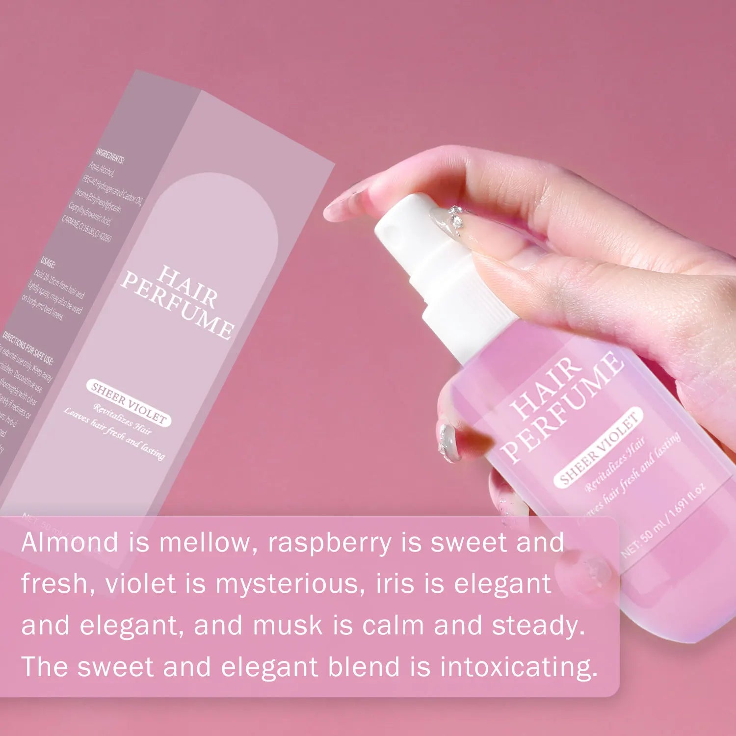 50ML Sheer Violet Hair Perfume for Women Clean Deodorizing Hair Spray & Body Mist Freshen Hair Body & Pillows Soft Musk Scent