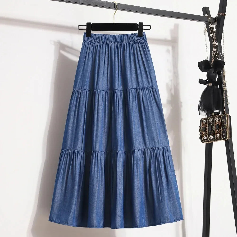 Summer New Casual Vintage Women Skirt Matching Chic Sweet Girl's Cake Skirt Elastic Waist A-Line Mid Length Flare Skirts