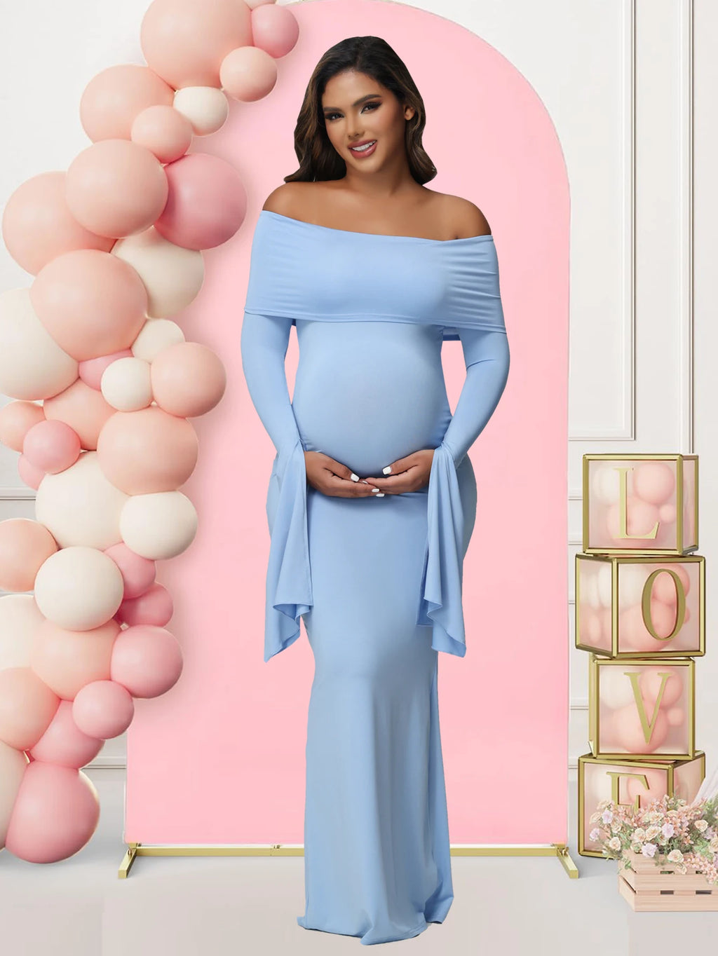 Off - Shoulder Bodycon Maternity Maxi Gown | Baby Shower Photoshoot