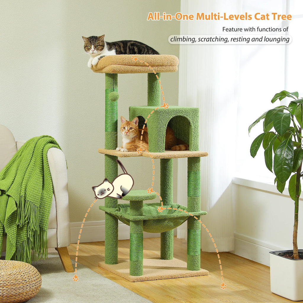 Cactus Cat Tree Tower for Large Cats with Metal Plush Big Hammock for Indoor Cats with 2 Door Condo House with Large Top Perch