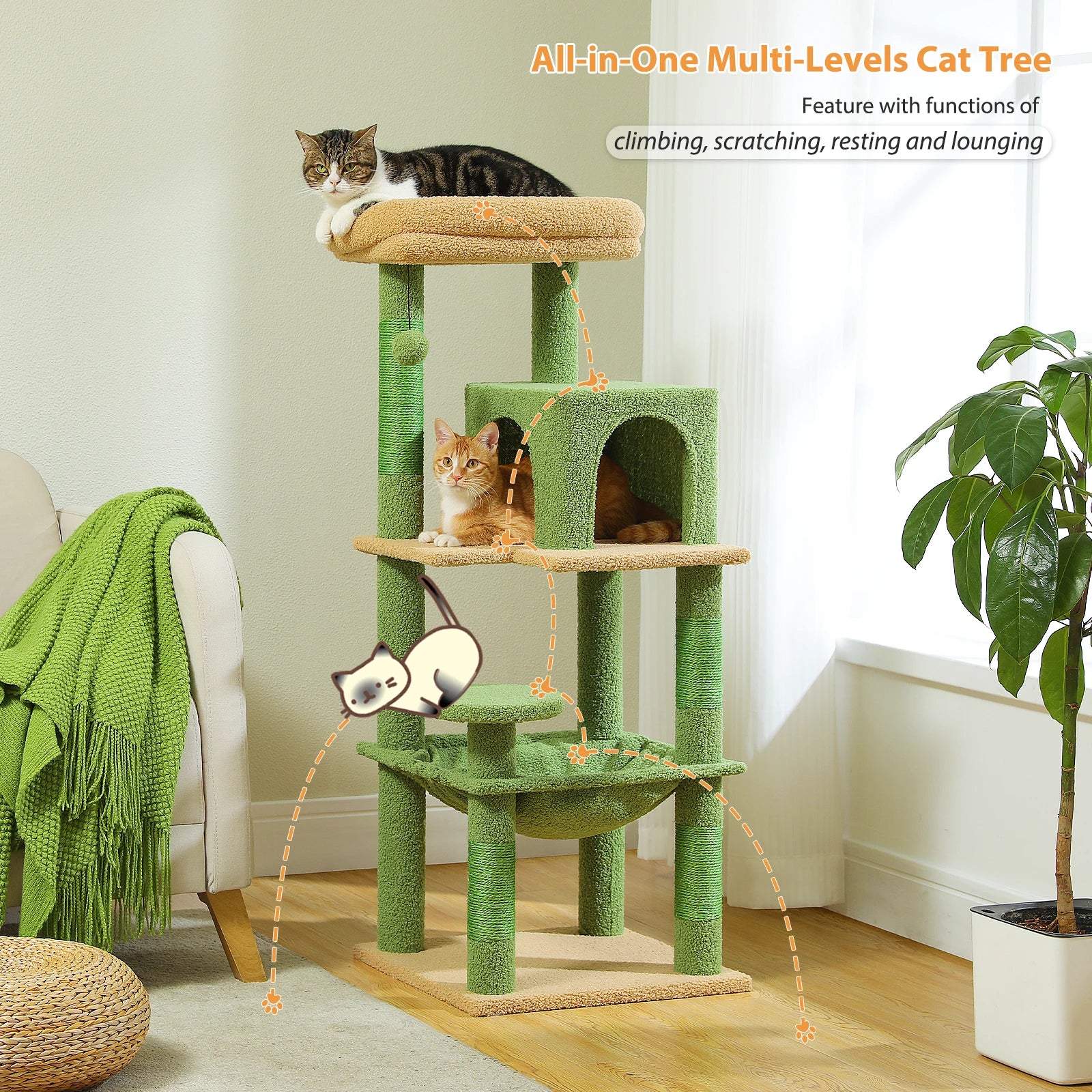 Cactus Cat Tree Tower for Large Cats with Metal Plush Big Hammock for Indoor Cats with 2 Door Condo House with Large Top Perch