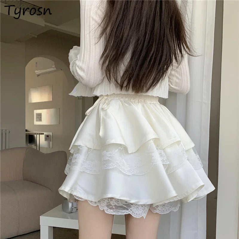 White Mini Skirts Women Lace Patchwork Sweet Ball Gown Sexy French Style Ruched Ruffled High Waist Summer Layered Romantic Gril